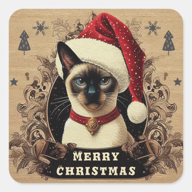 Weihnachtsregal Siamese Cat, Xmas Santa Kitten Quadratischer Aufkleber (Vorderseite)