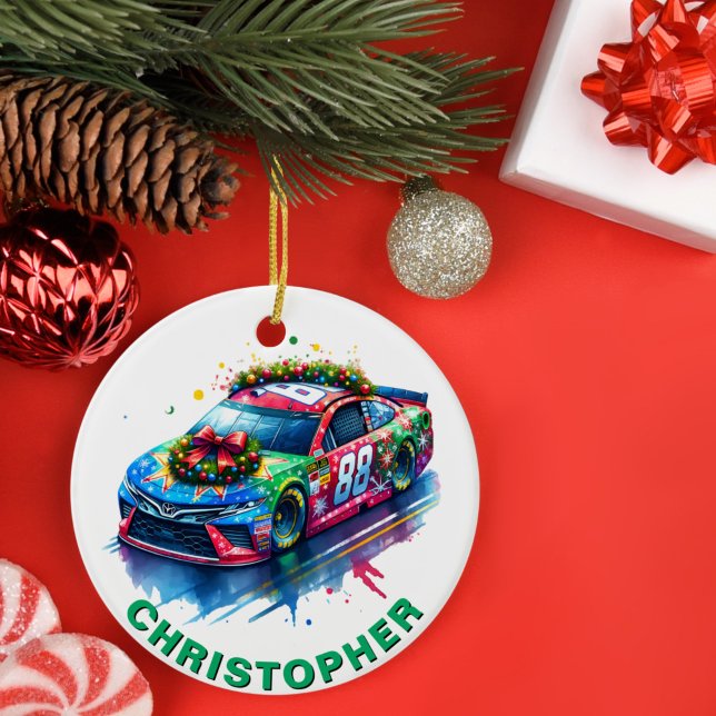 Weihnachtsrennen Auto Racing Fan Individuelle Name Keramik Ornament (Von Creator hochgeladen)