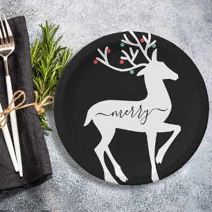 Weihnachtsrentier Froh Schwarz Pappteller