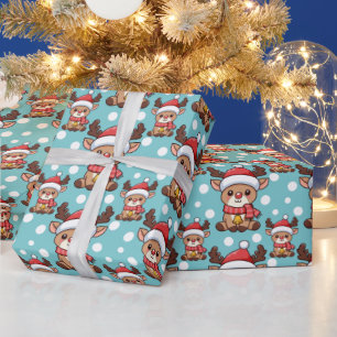 Weihnachtsrentier mit Weihnachtsmannmütze Geschenkpapier