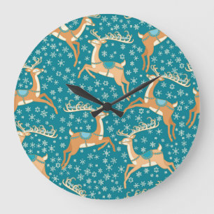 Weihnachtsrentier: Nahtloses Vintage-Muster. Große Wanduhr
