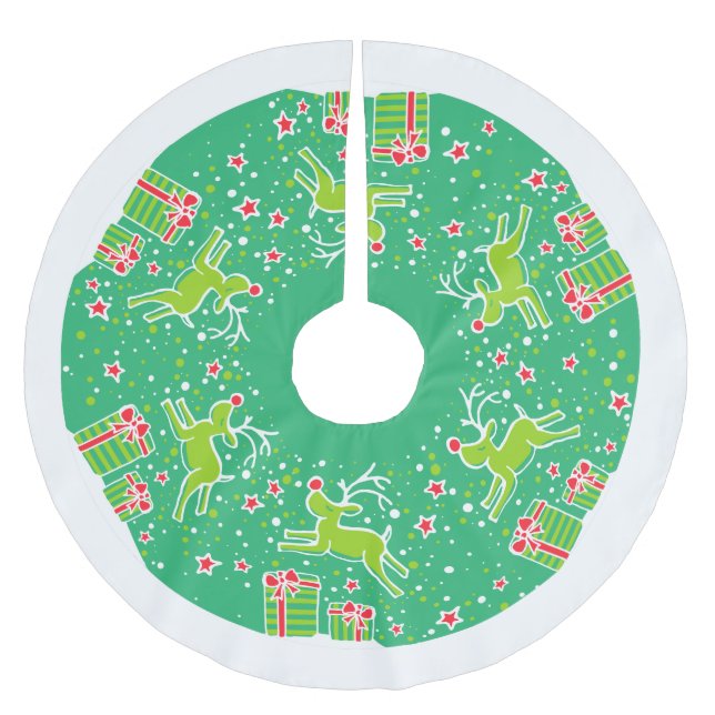 Weihnachtsrentiere, die über den Gaben-Baum-Rock r Polyester Weihnachtsbaumdecke (Vorderseite)