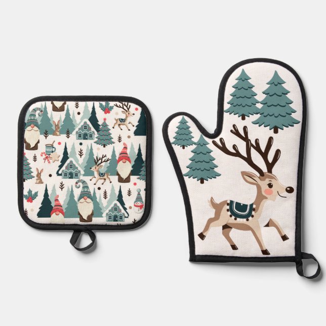 Weihnachtsrentiere & Gnome Ofenhandschuh & Topflappen-Set (Vorderseite)