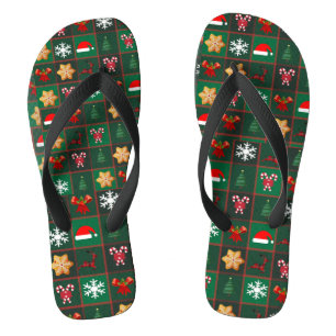 Weihnachtsrentiere, Kekse, grüner Büffel kariert   Flip Flops