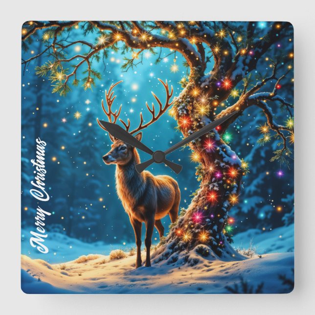 Weihnachtsrentiere Nordpol Fantasiekunst Quadratische Wanduhr (Vorderseite)