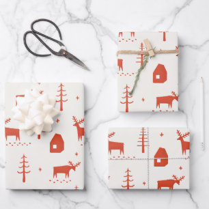 Weihnachtsrentiere. Rotes Waldtiermuster Geschenkpapier Set