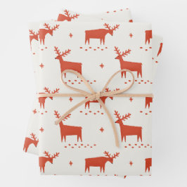 Weihnachtsrentiere. Rotes Waldtiermuster Geschenkpapier Set