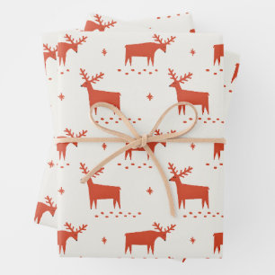 Weihnachtsrentiere. Rotes Waldtiermuster Geschenkpapier Set