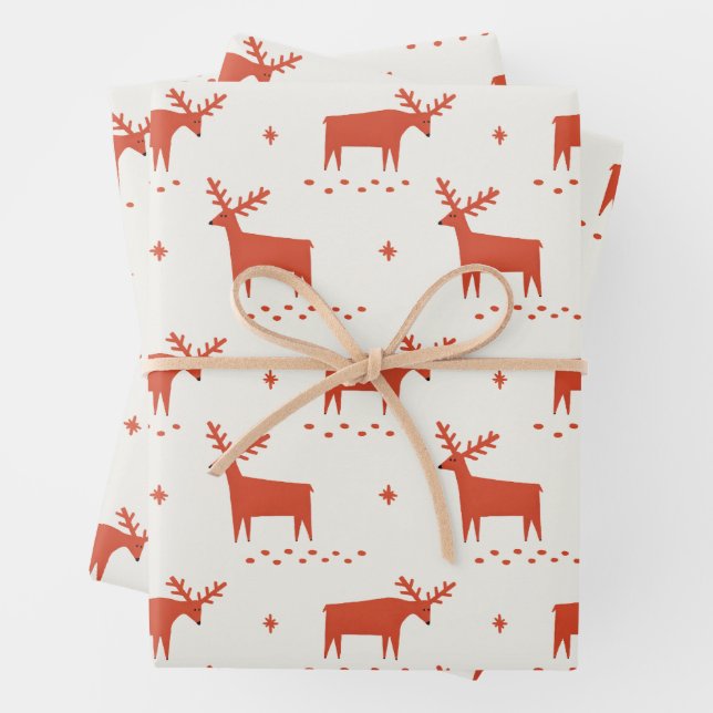 Weihnachtsrentiere. Rotes Waldtiermuster Geschenkpapier Set (Beispiel)