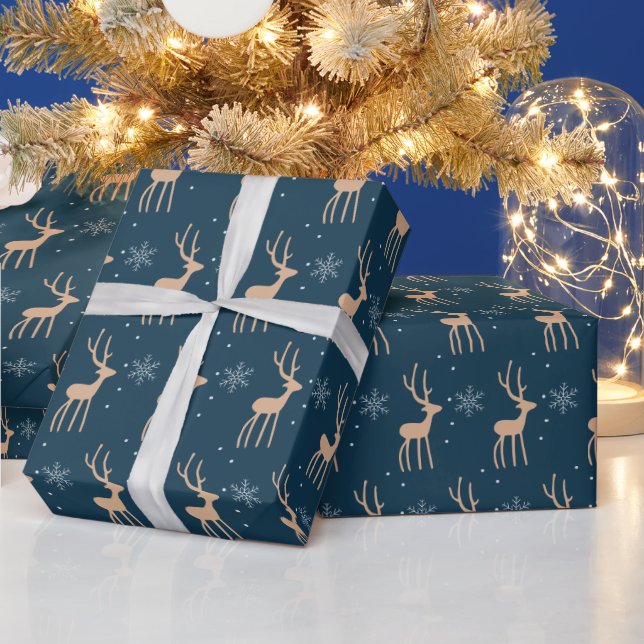 Weihnachtsrentiere und Schneeflocken blau Geschenkpapier (Feiertage)