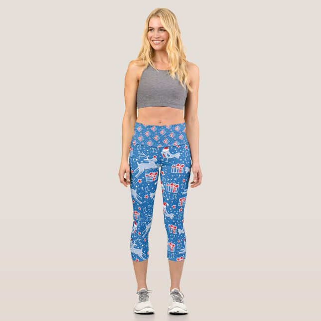Weihnachtsrentiere und Vogelmuster blau, weiß Capri Leggings (Vorderseite)