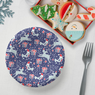Weihnachtsrentiervogelmuster dunkelblau rot pappteller