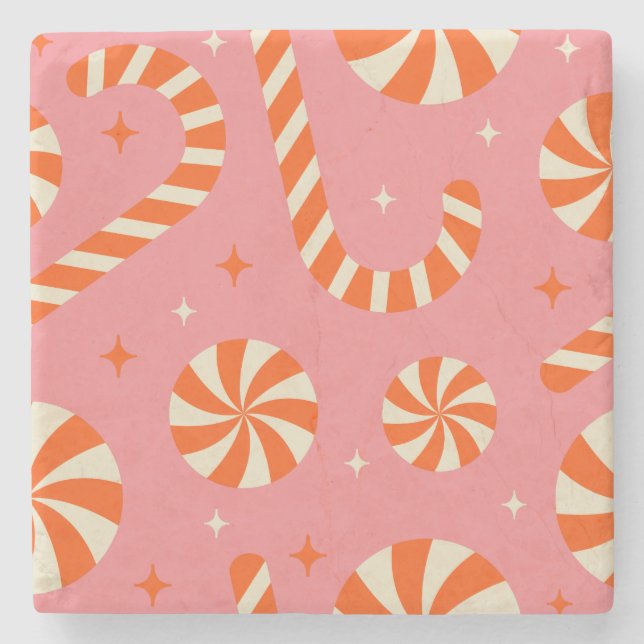 WeihnachtsRetromuster aus Candy Cany Steinuntersetzer (Vorderseite)