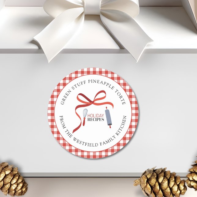 Weihnachtsrezepte, hausgemachte Lebensmittelkennze Runder Aufkleber (Holiday Recipes Red Check Green Stuff -or Your Recipe- Christmas Food Gift Sticker)
