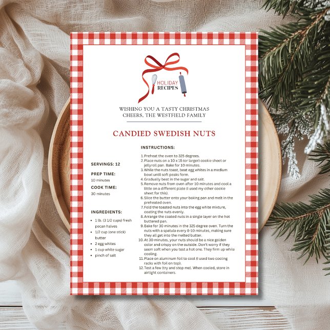 Weihnachtsrezepte Schwedische Nudeln Weihnachtskar Feiertagskarte (Candied Swedish Nuts Red Check Buffalo Plaid Holiday Recipe Christmas Card 5x7)