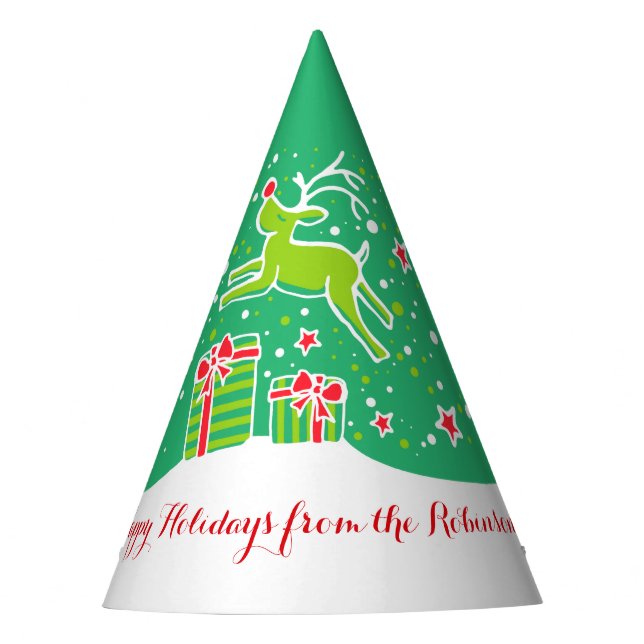 Weihnachtsrinder über Geschenke grün personalisier Partyhütchen (Vorderseite)