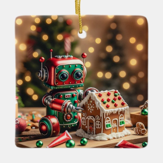 Weihnachtsrobot-Ornament Keramikornament (Vorderseite)