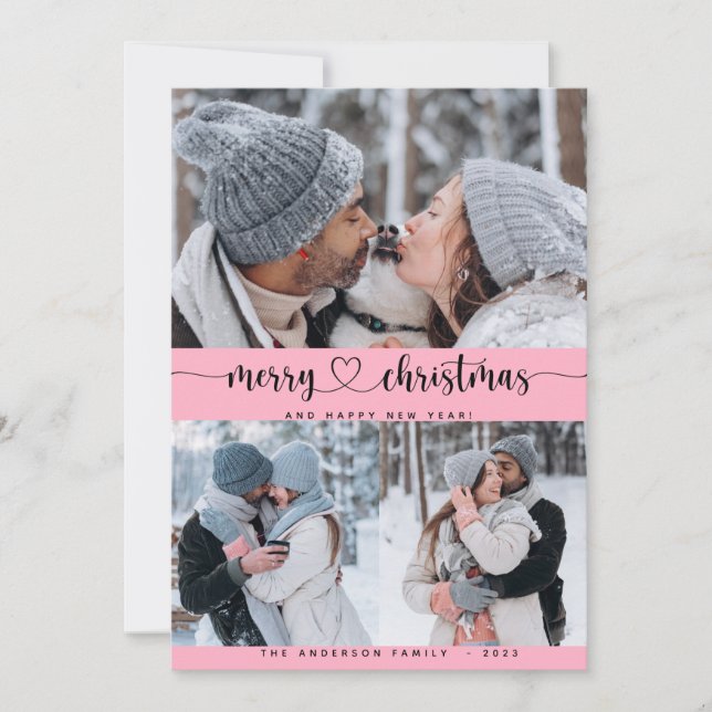 Weihnachtsrosa 3 Collage Multi Foto Urlaubskarte Einladung (Vorderseite)
