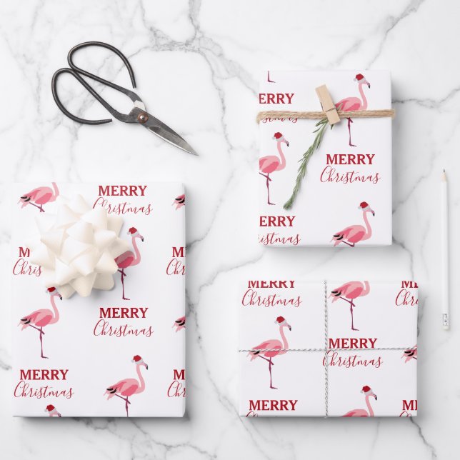 Weihnachtsrosa Flamingo Bird mit Weihnachtsmannmüt Geschenkpapier Set (Vorderseite)