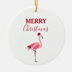 Weihnachtsrosa Flamingo Bird mit Weihnachtsmannmüt Keramik Ornament