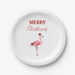 Weihnachtsrosa Flamingo Bird mit Weihnachtsmannmüt Pappteller