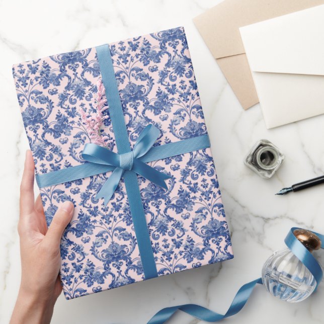 Weihnachtsrosa und Blauer Damast Geschenkpapier (Schenken)