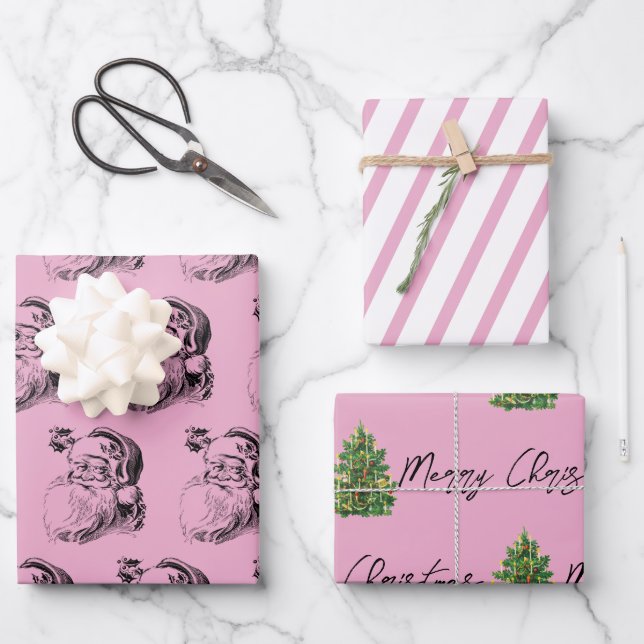 Weihnachtsrosa und Weiß Muster Geschenkpapier Set (Vorderseite)