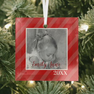 Weihnachtsrot gestreift Feiertag Whimsisches Foto Ornament Aus Glas