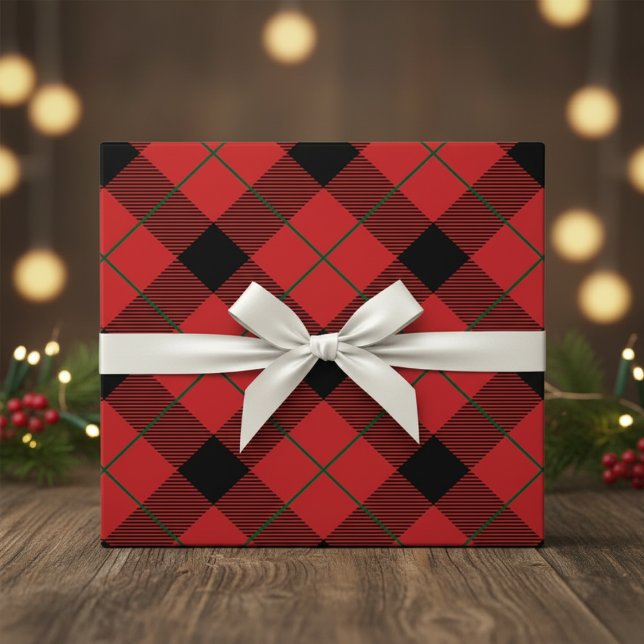 Weihnachtsrot, Grün und Schwarz Kariert Geschenkpapier (Christmas Red, Green And Black Diagonal Plaid Wrapping Paper)