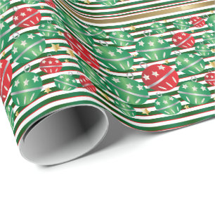 Weihnachtsrot & Grüne Streifen & Ornamente Geschenkpapier