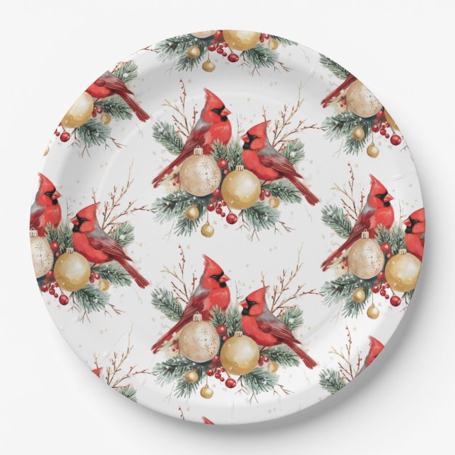 Weihnachtsrot - Kardinal Berries Muster Pappteller (Vorderseite)