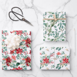 Weihnachtsrot Poinsettia Eucalyptus Watercolor Geschenkpapier Set