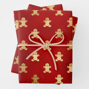 Weihnachtsrot und Gold Gingerbrot Mann Geschenkpapier Set