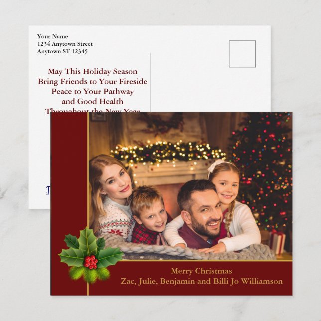 Weihnachtsrot und Goldrahmen mit Holly-Foto Postkarte (Vorne/Hinten)