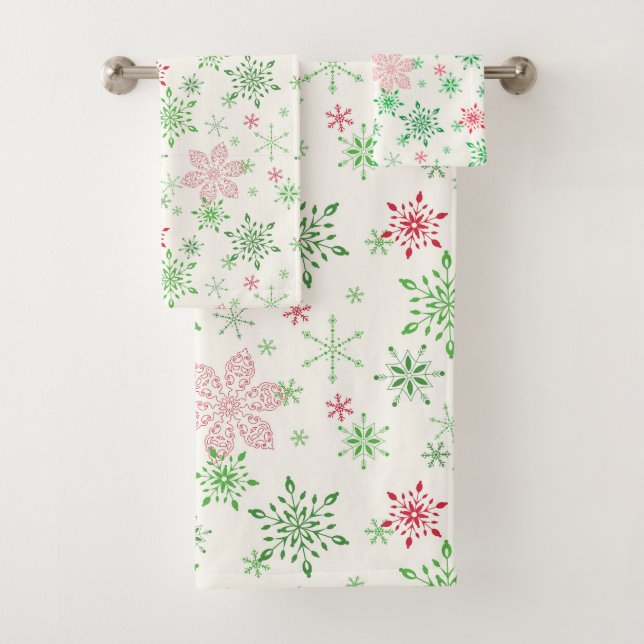 Weihnachtsrot und grüne Schneeflocken Badhandtuch Set (Insitu)