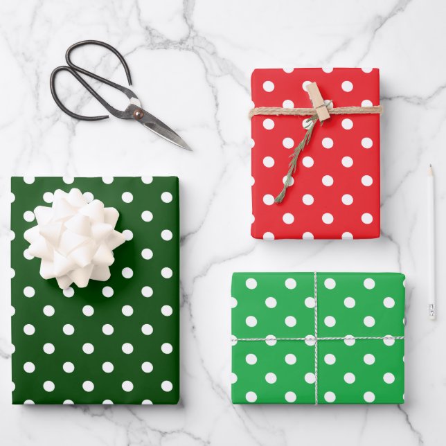 Weihnachtsrot und grüner Polka-Dot Geschenkpapier Set (Vorderseite)