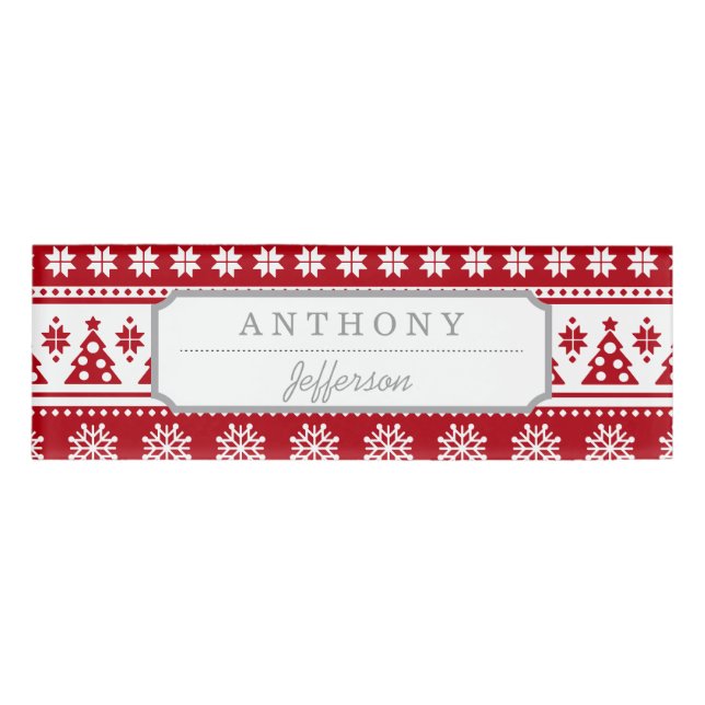 Weihnachtsrot und Weiße Hirsche und Baummuster Namenschild (Vorderseite)