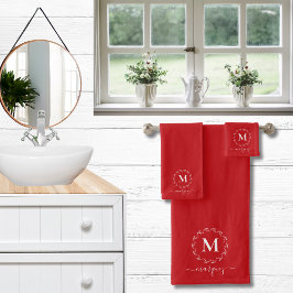 Weihnachtsrot | White Botanic Wreath Monogram Badhandtuch Set