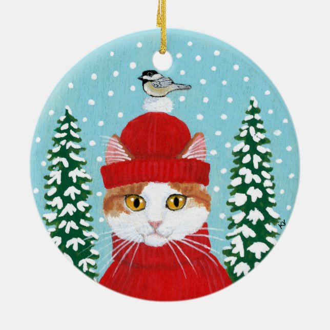 Weihnachtsrote Katzen-Vogel-Winterverzierung Keramik Ornament (Hinten)
