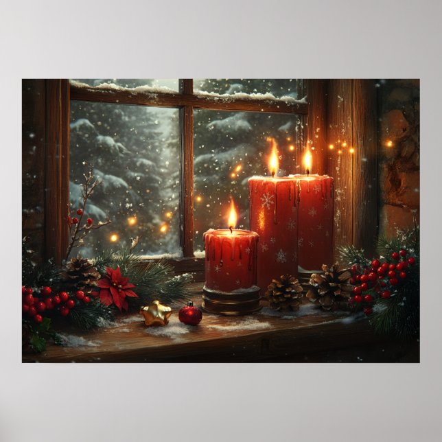Weihnachtsrote Kerzen Winterfenster Poster (Vorne)
