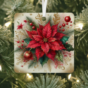 Weihnachtsrote Poinsettienblume mit goldenem Glitt Ornament Aus Metall