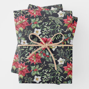 Weihnachtsrote Poinsettienblumen und Beeren Geschenkpapier Set