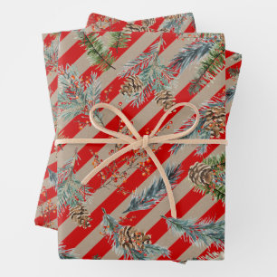 Weihnachtsrote Streifen Kiefer Fichte Zapfen Kraft Geschenkpapier Set