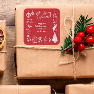 Weihnachtsrote süße festliche handgezeichnete Krit Quadratischer Aufkleber