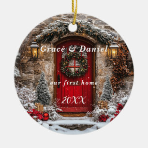 Weihnachtsrote Türkrone "Unser erstes Zuhause" Keramik Ornament