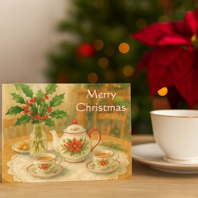 Weihnachtsrote Weihnachtspoinsettie-Teekanne  Postkarte (“Country Christmas tea set postcard with poinsettia, cozy holiday table scene, warm festive charm”)