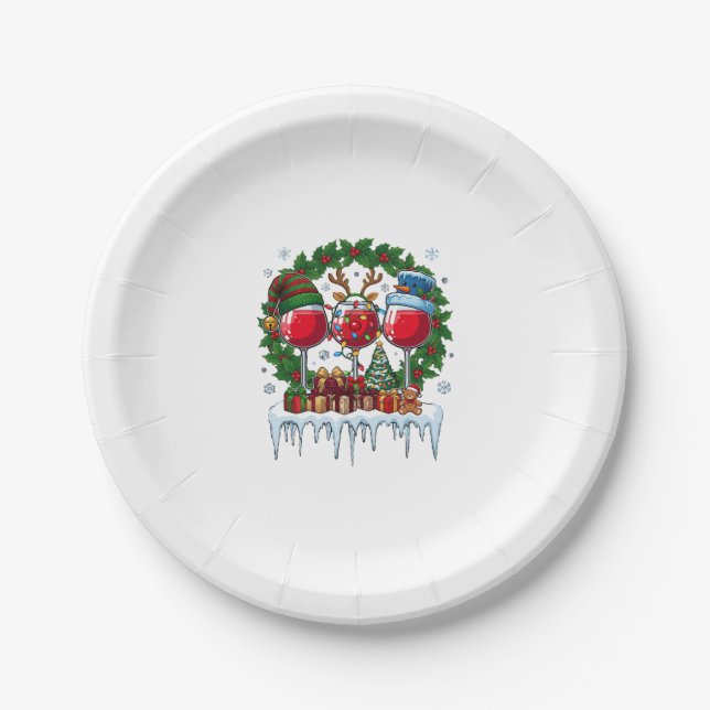Weihnachtsrote Weingläser Stechpalmenkranz Schneem Pappteller (Vorderseite)