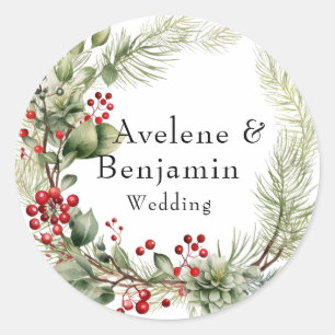 Weihnachtsroter-Beeren-Tannennadeln-Kranz Hochzeit Runder Aufkleber