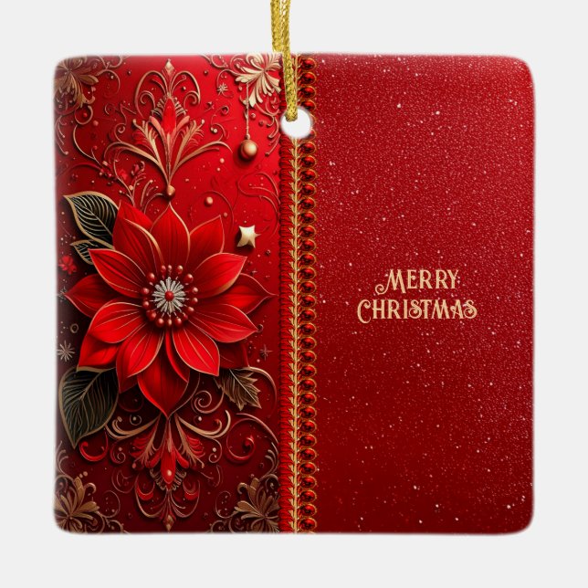 Weihnachtsroter Blumen-Feiertags-Schmuck Keramikornament (Vorderseite)