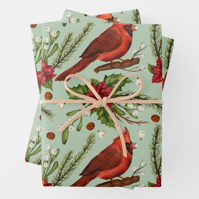 Weihnachtsroter Kardinal, Poinsettia, Berries Geschenkpapier Set (Beispiel)